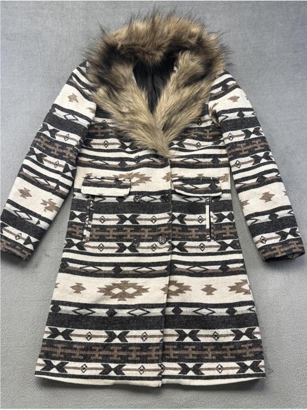 Faux Fur-Trim Aztec Wool Coat - Cream & Brown